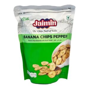 Jaimin Banana Chips Pepper - 175g is a crispy and flavourful snack made from premium raw bananas, carefully sliced and fried to achieve a perfect golden crunch with a peppery kick. These spiced banana chips offer a delightful combination of natural sweetness and bold pepper flavour.