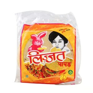 Lijjat Plain Pappadums (200g) are popular, thin Indian lentil crackers made from urad dal flour, salt, and seasoning.